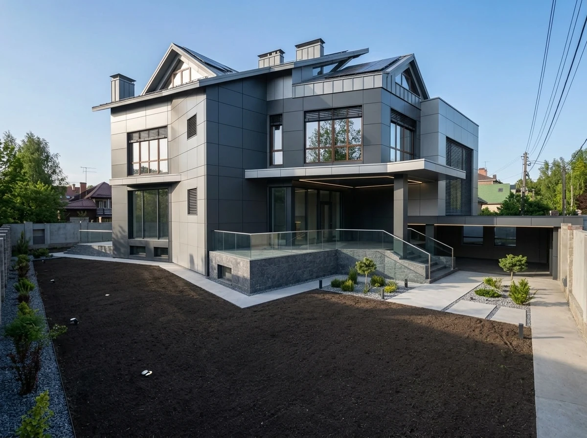 Дизайн фасада в стиле Хай-тек — фото фасада от нейросети RoomGPT