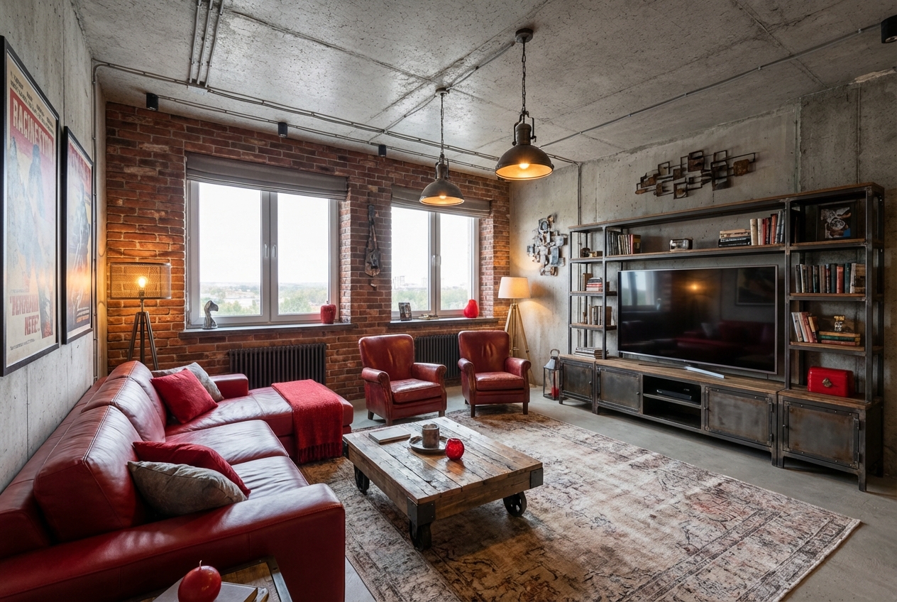 Дизайн гостиной в стиле Лофт — фото интерьера от нейросети RoomGPT
