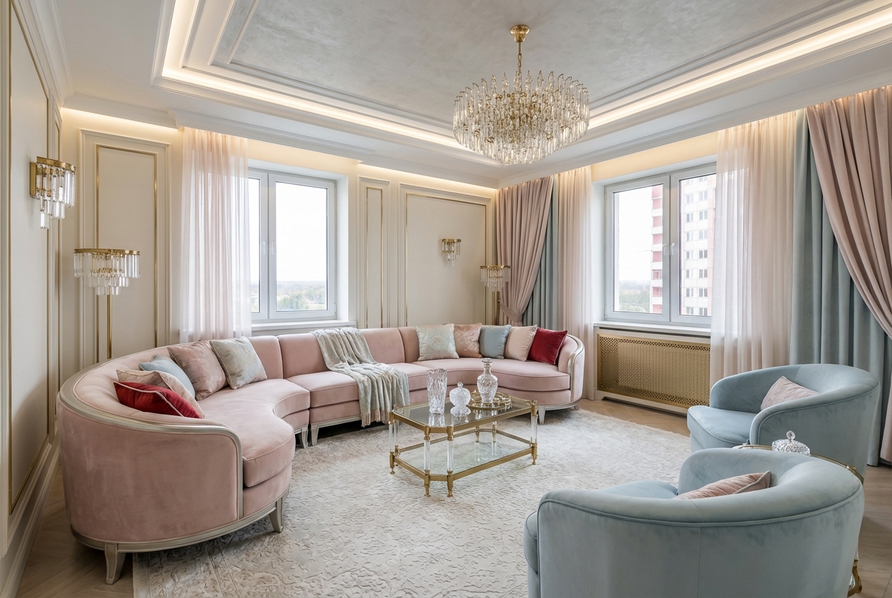 Дизайн гостиной в стиле Неоклассика — фото интерьера от нейросети RoomGPT