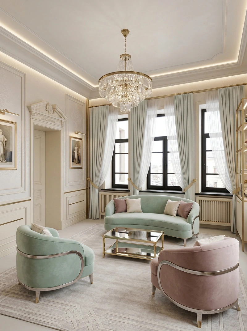 Дизайн гостиной в стиле Неоклассика — фото интерьера от нейросети RoomGPT