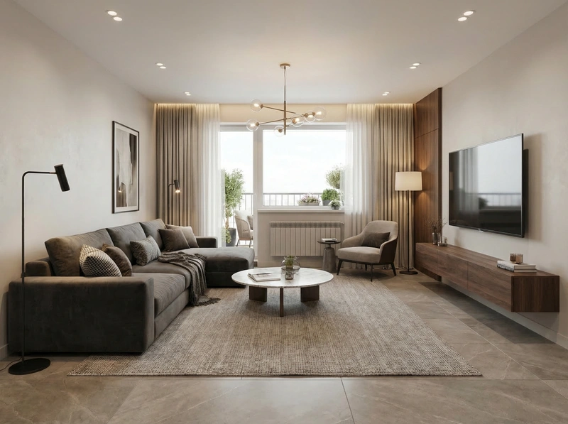 Дизайн интерьера в стиле Контемпорари — Гостиная от нейросети RoomGPT