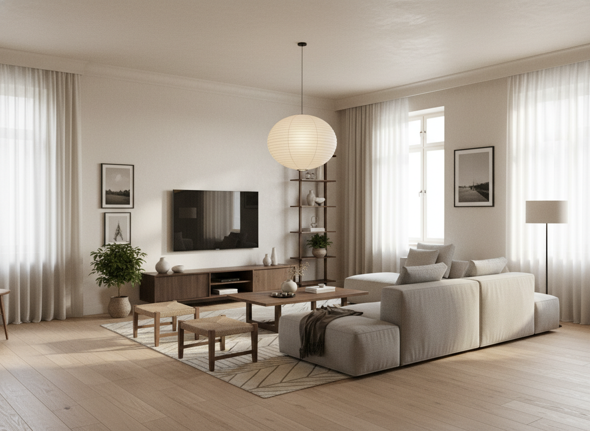 Дизайн гостиной в стиле Japandi — фото интерьера от нейросети RoomGPT
