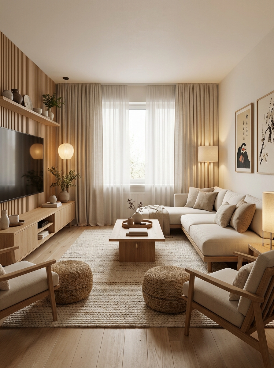 Дизайн гостиной в стиле Japandi — фото интерьера от нейросети RoomGPT