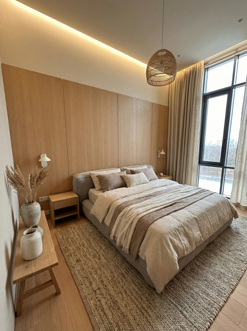 Дизайн спальни в стиле Japandi — фото интерьера от нейросети RoomGPT