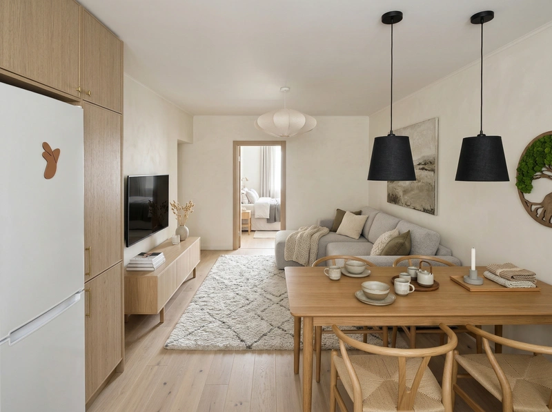 Дизайн гостиной в стиле Хюгге — фото интерьера от нейросети RoomGPT