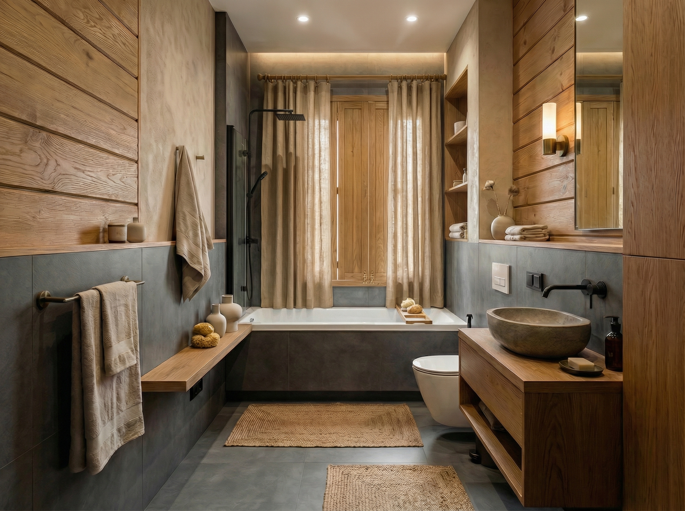 Дизайн ванной в стиле Japandi — фото интерьера от нейросети RoomGPT