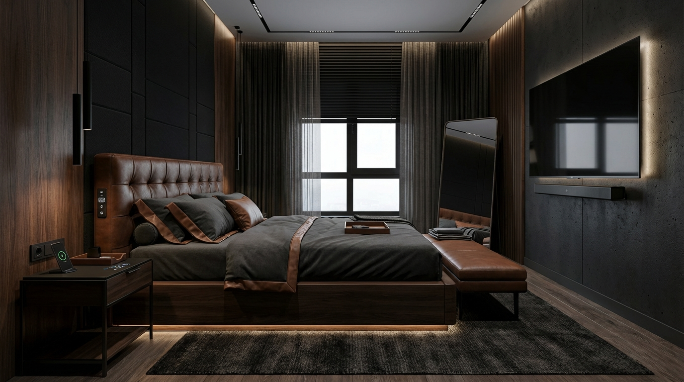 Дизайн спальни в стиле Блэктэк — фото интерьера от нейросети RoomGPT