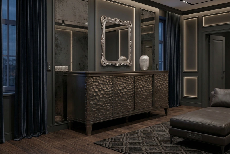 Дизайн спальни в стиле Блэктэк — фото интерьера от нейросети RoomGPT