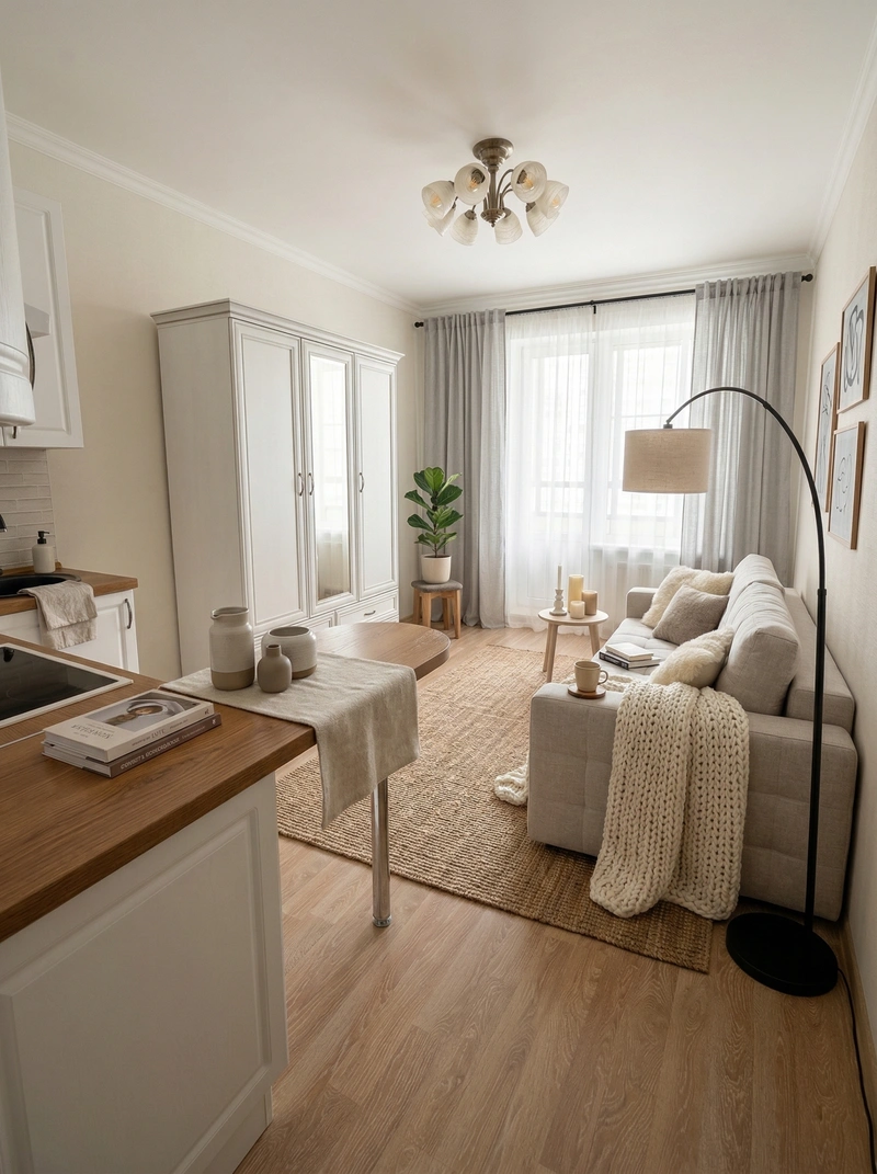 Дизайн гостиной в стиле Хюгге — фото интерьера от нейросети RoomGPT