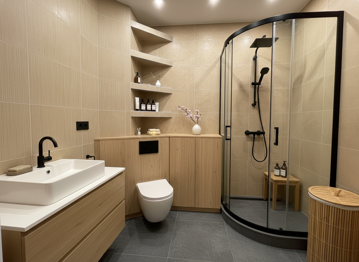 Дизайн ванной в стиле Japandi — фото интерьера от нейросети RoomGPT