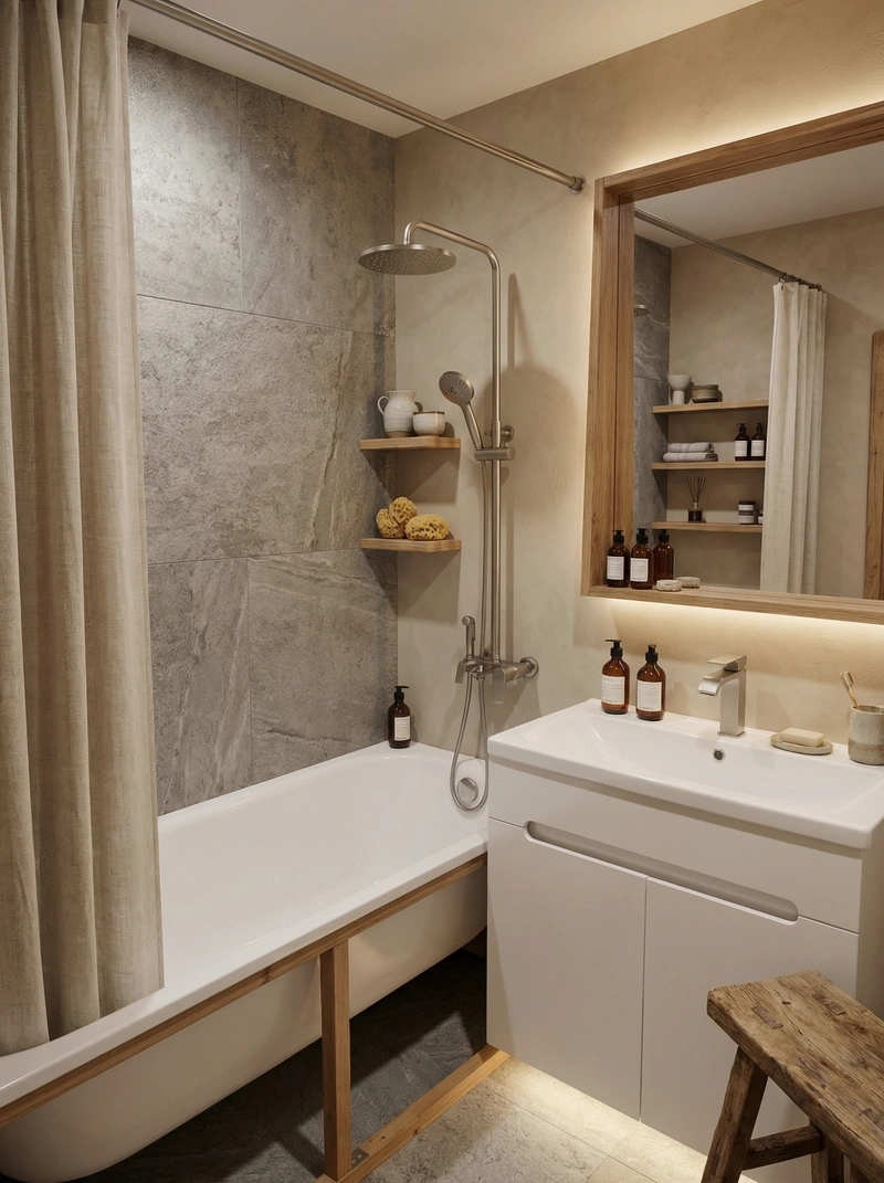 Дизайн ванной в стиле Japandi — фото интерьера от нейросети RoomGPT