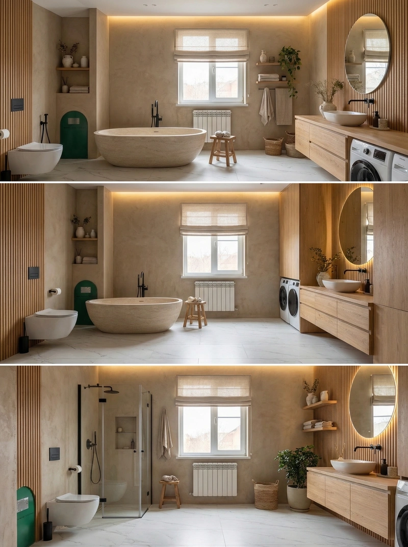 Дизайн ванной в стиле Japandi — фото интерьера от нейросети RoomGPT