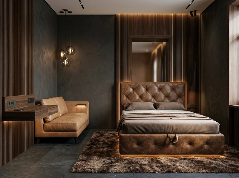 Дизайн спальни в стиле Блэктэк — фото интерьера от нейросети RoomGPT