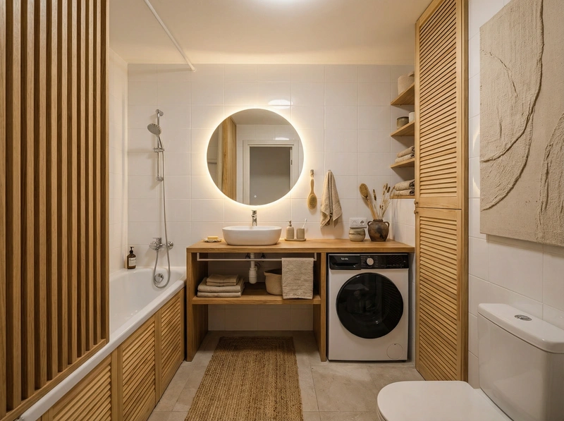 Дизайн ванной в стиле Japandi — фото интерьера от нейросети RoomGPT