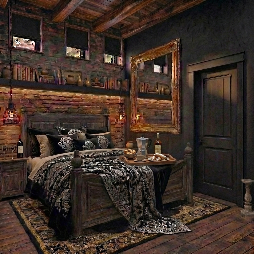 Дизайн спальни в стиле Блэктэк — фото интерьера от нейросети RoomGPT