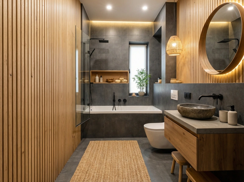 Дизайн ванной в стиле Japandi — фото интерьера от нейросети RoomGPT