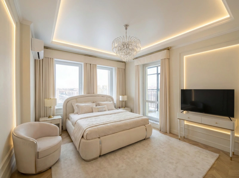 Дизайн спальни в стиле Неоклассика — фото интерьера от нейросети RoomGPT