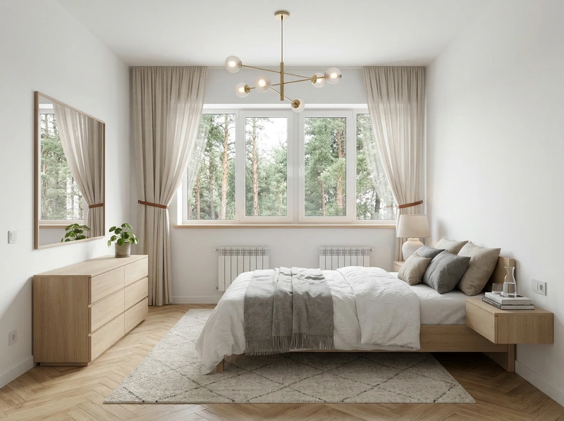 Дизайн спальни в стиле Сканди — фото интерьера от нейросети RoomGPT