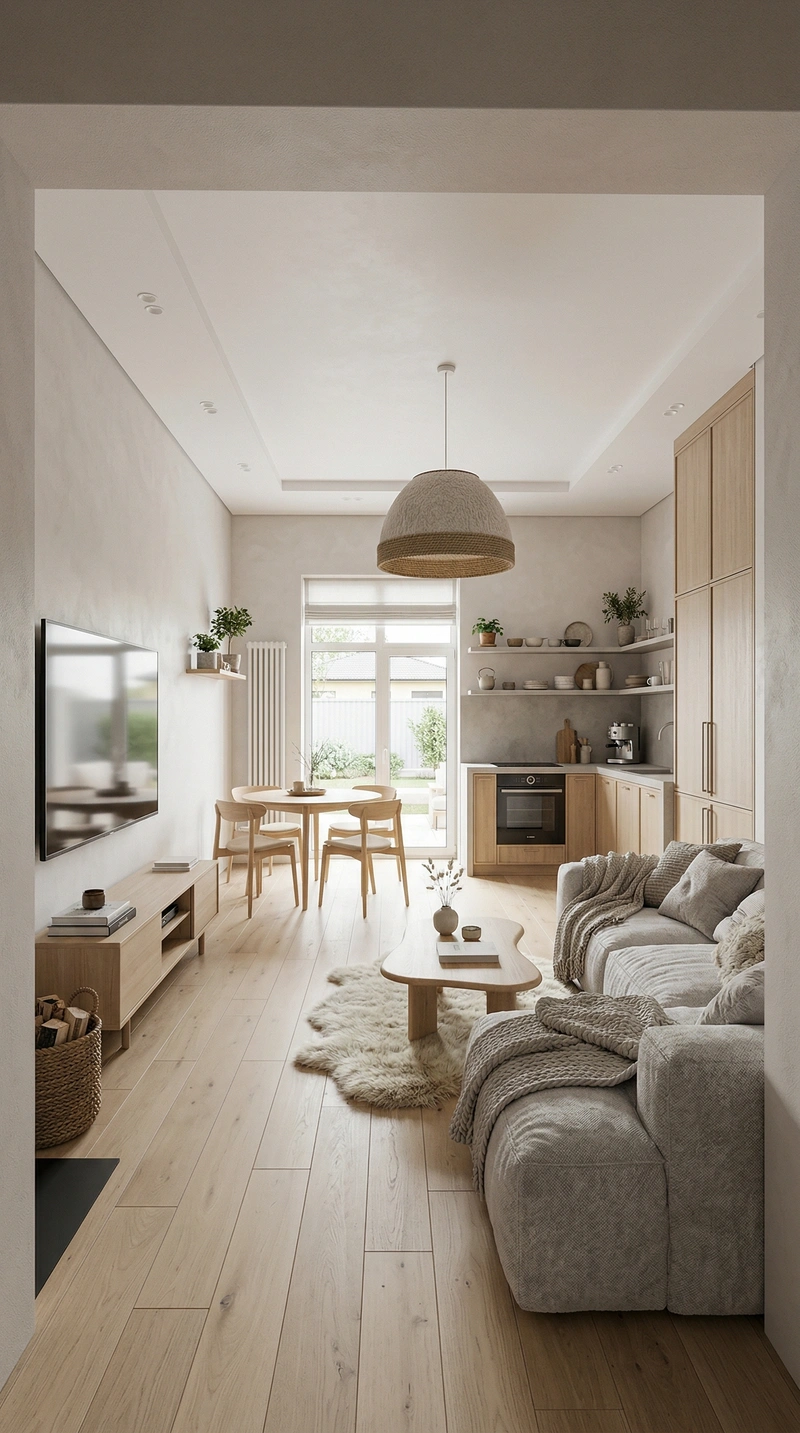 Дизайн гостиной в стиле Хюгге — фото интерьера от нейросети RoomGPT