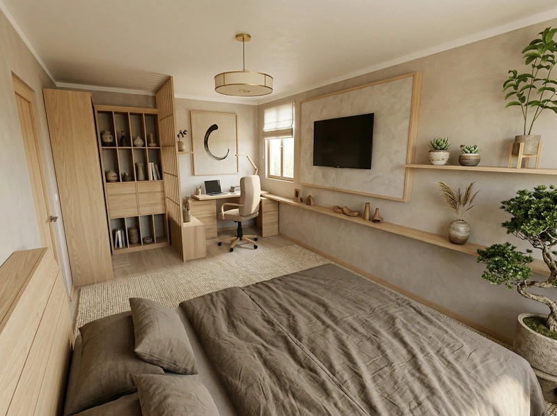 Дизайн спальни в стиле Japandi — фото интерьера от нейросети RoomGPT