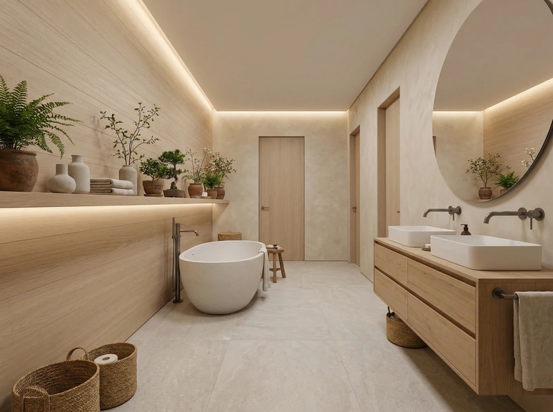 Дизайн ванной в стиле Japandi — фото интерьера от нейросети RoomGPT