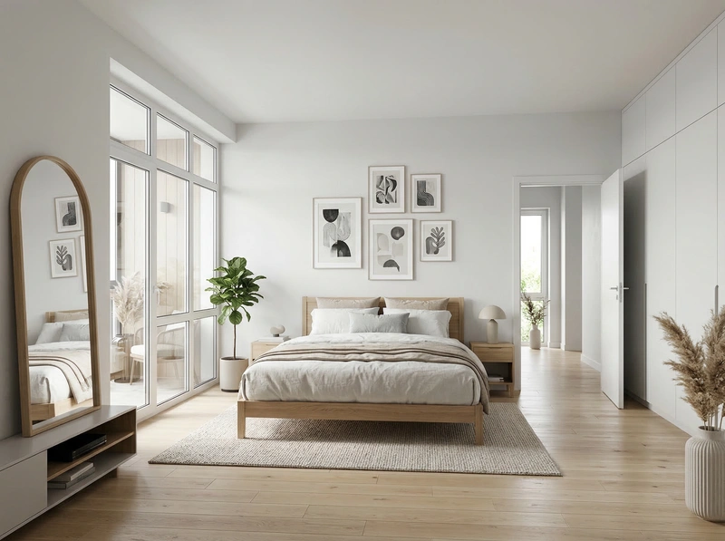 Дизайн спальни в стиле Сканди — фото интерьера от нейросети RoomGPT