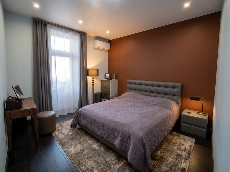 Дизайн спальни в стиле Блэктэк — фото интерьера от нейросети RoomGPT