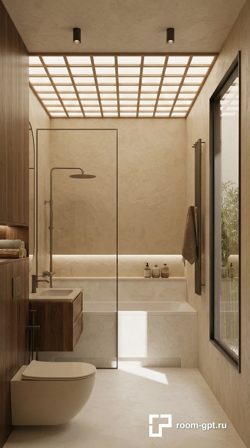 Дизайн ванной в стиле Japandi — фото интерьера от нейросети RoomGPT