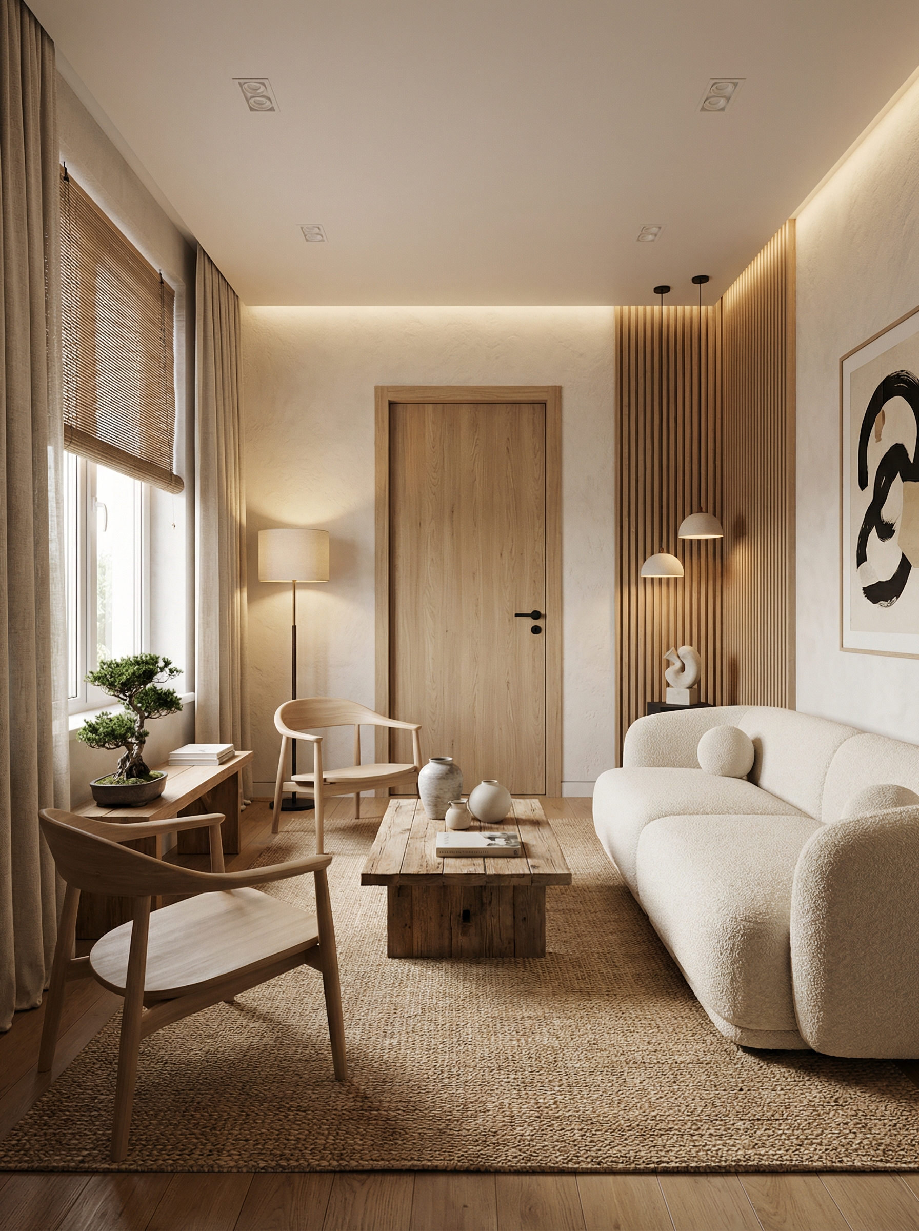 Дизайн гостиной в стиле Japandi — фото интерьера от нейросети RoomGPT