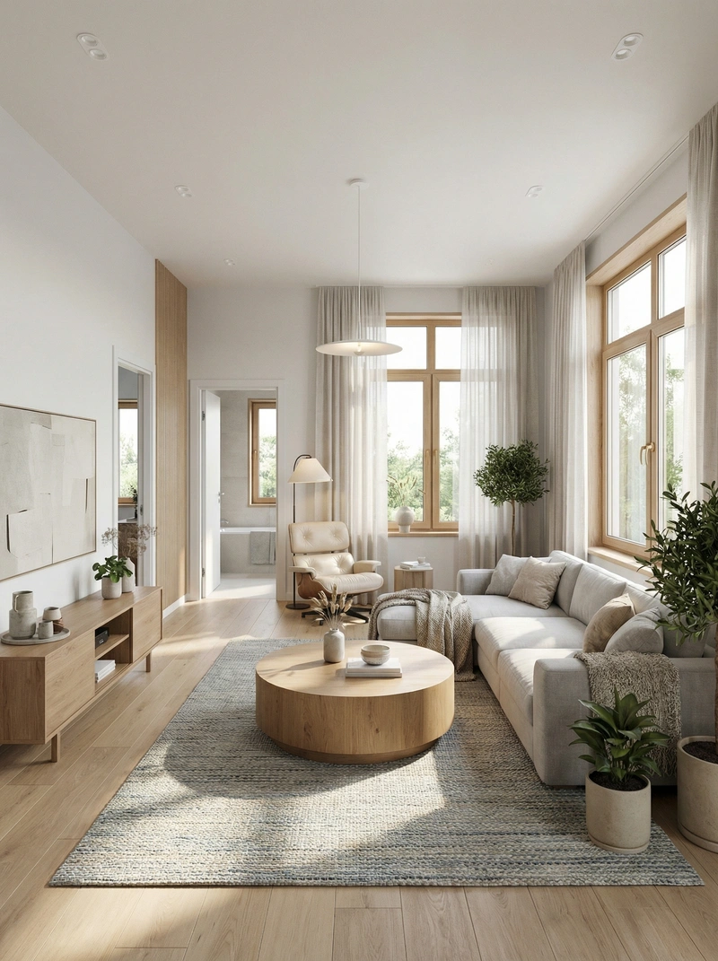 Дизайн гостиной в стиле Сканди — фото интерьера от нейросети RoomGPT