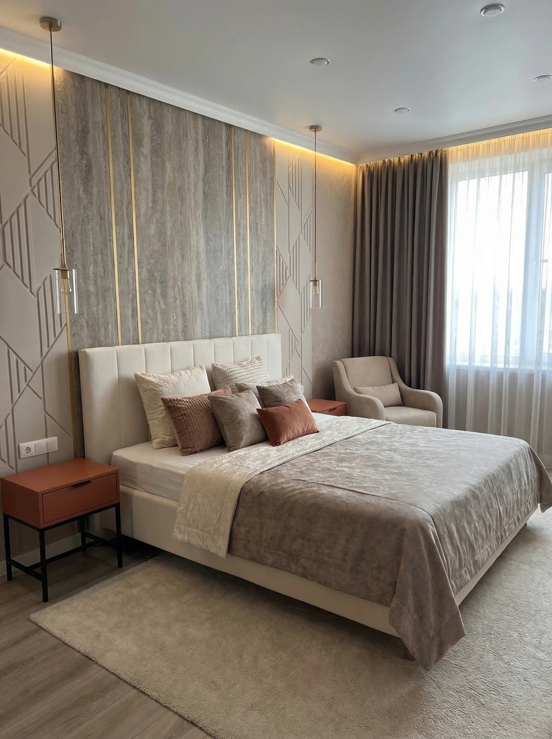 Дизайн спальни в стиле Контемпорари — фото интерьера от нейросети RoomGPT