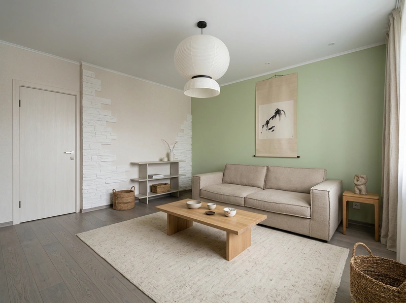 Дизайн гостиной в стиле Japandi — фото интерьера от нейросети RoomGPT