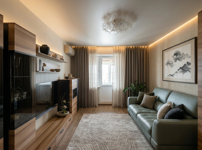 Дизайн гостиной в стиле Japandi — фото интерьера от нейросети RoomGPT