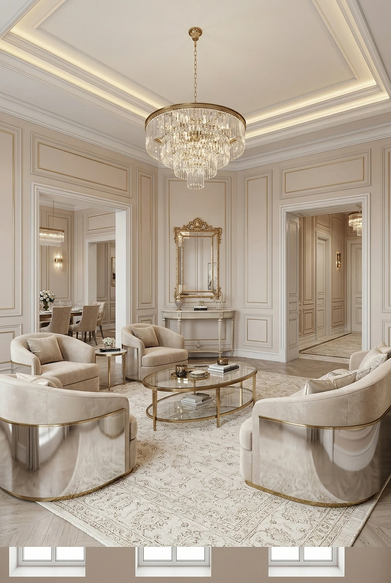 Дизайн гостиной в стиле Неоклассика — фото интерьера от нейросети RoomGPT