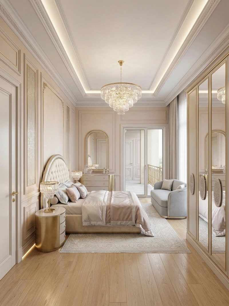 Дизайн спальни в стиле Неоклассика — фото интерьера от нейросети RoomGPT