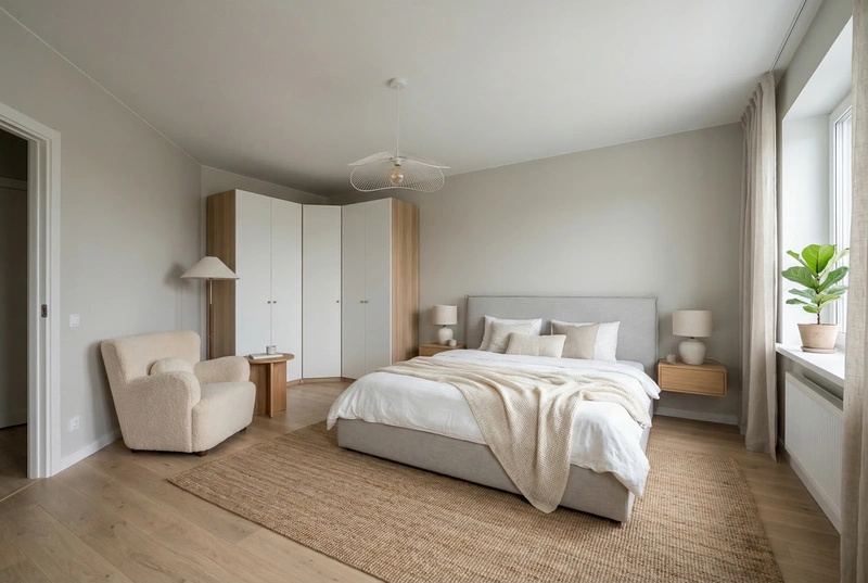 Дизайн спальни в стиле Сканди — фото интерьера от нейросети RoomGPT