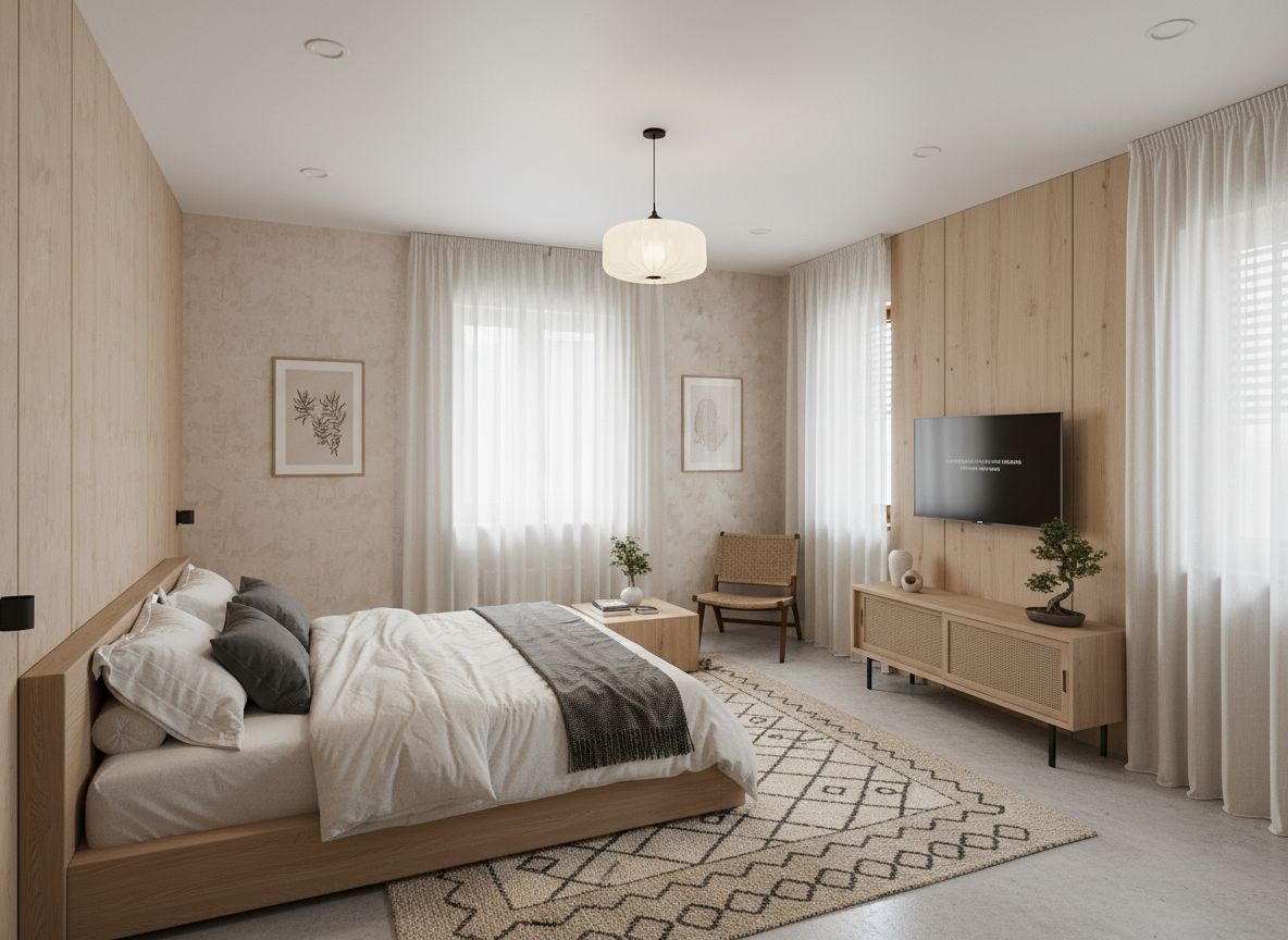 Дизайн спальни в стиле Japandi — фото интерьера от нейросети RoomGPT