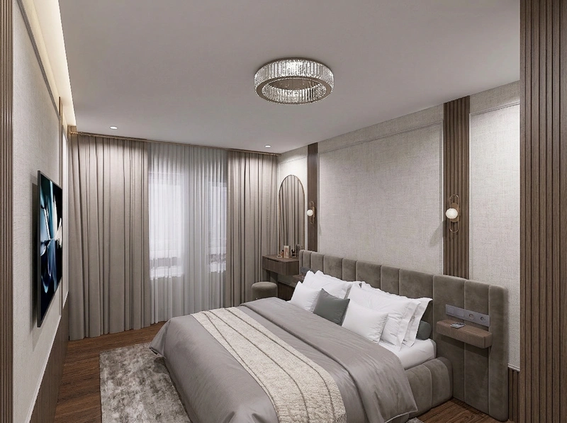 Дизайн спальни в стиле Контемпорари — фото интерьера от нейросети RoomGPT