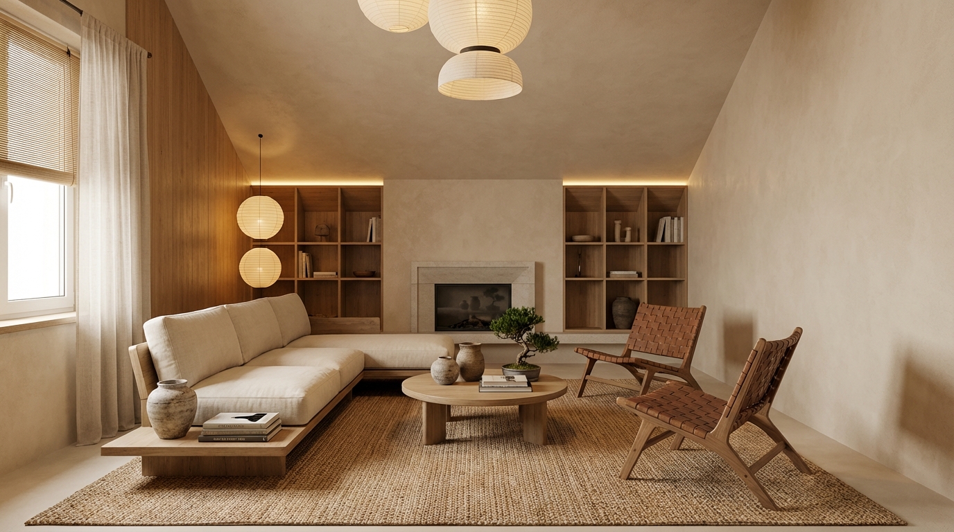 Дизайн гостиной в стиле Japandi — фото интерьера от нейросети RoomGPT