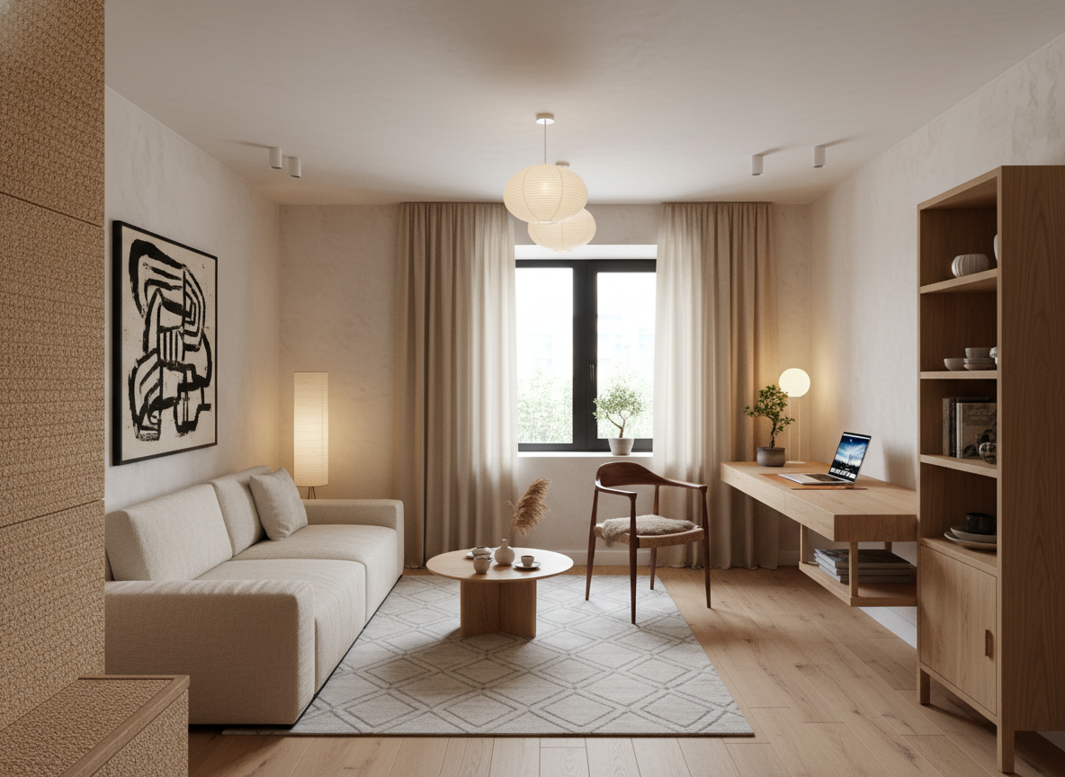 Дизайн гостиной в стиле Japandi — фото интерьера от нейросети RoomGPT