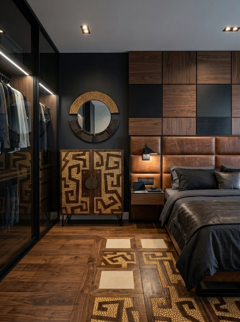 Дизайн спальни в стиле Блэктэк — фото интерьера от нейросети RoomGPT