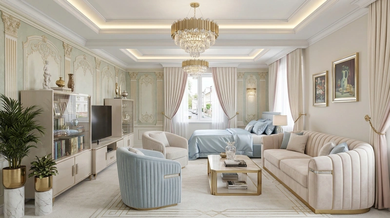 Дизайн гостиной в стиле Неоклассика — фото интерьера от нейросети RoomGPT