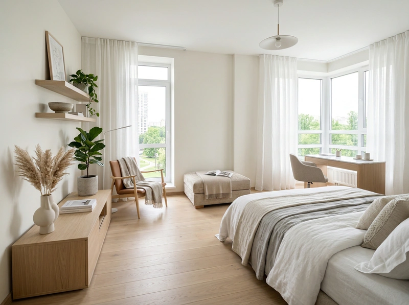 Дизайн спальни в стиле Сканди — фото интерьера от нейросети RoomGPT