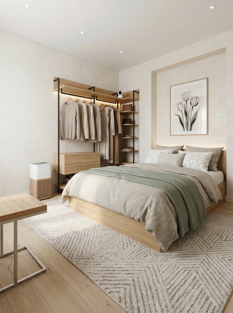 Дизайн спальни в стиле Сканди — фото интерьера от нейросети RoomGPT