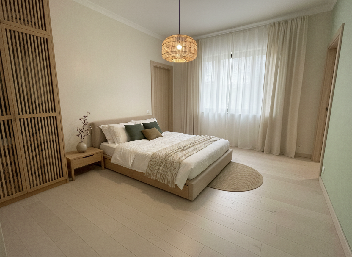 Дизайн спальни в стиле Japandi — фото интерьера от нейросети RoomGPT