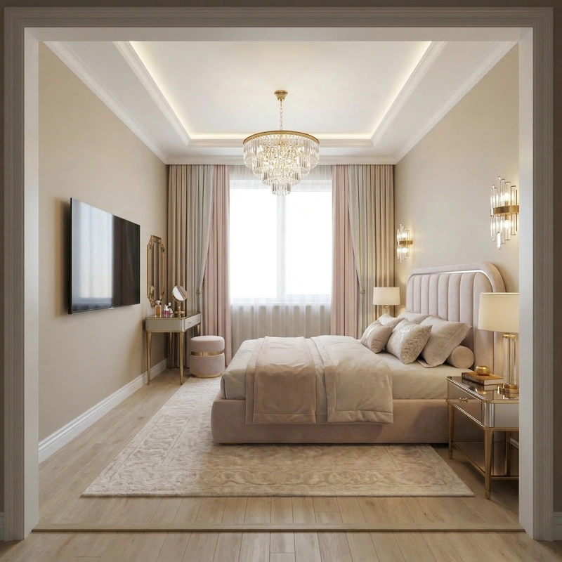 Дизайн спальни в стиле Неоклассика — фото интерьера от нейросети RoomGPT