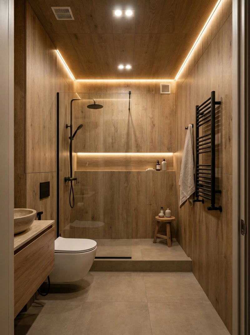 Дизайн ванной в стиле Japandi — фото интерьера от нейросети RoomGPT