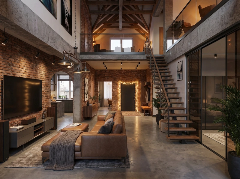 Дизайн гостиной в стиле Лофт — фото интерьера от нейросети RoomGPT