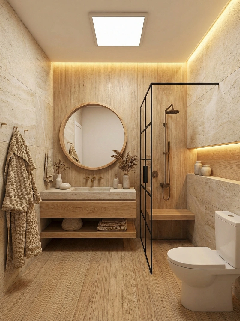 Дизайн ванной в стиле Japandi — фото интерьера от нейросети RoomGPT