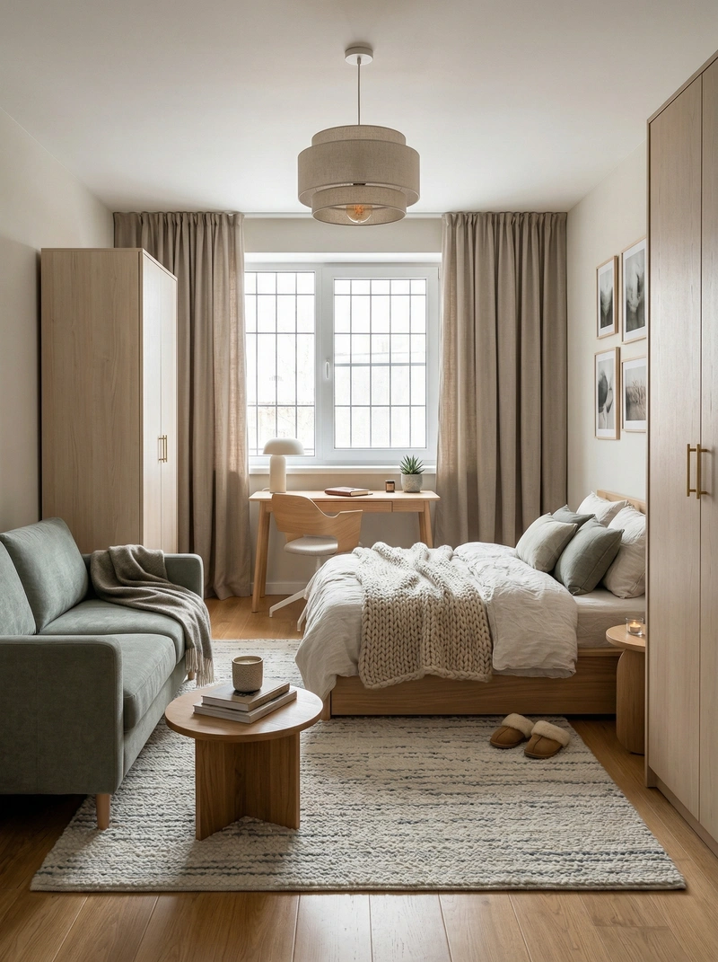 Дизайн спальни в стиле Хюгге — фото интерьера от нейросети RoomGPT
